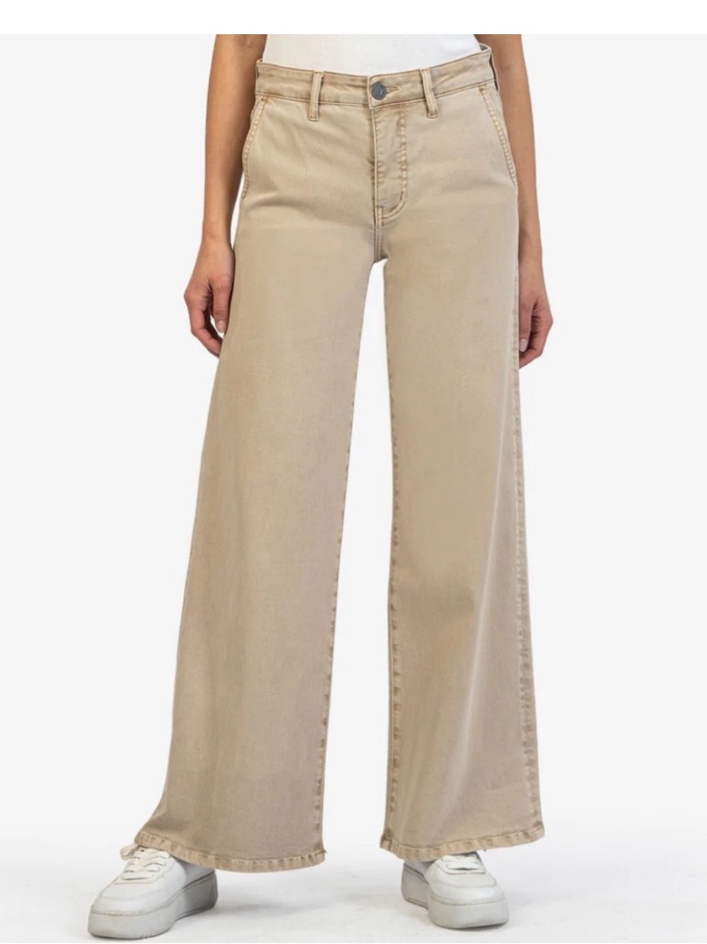 KUT High Rise Fab Ab Wide Leg Trouser Jeans Slant Pocket Ecru Tan Size 10/30